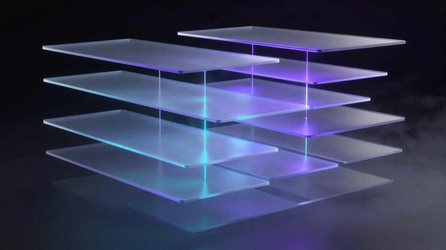 Abstract stacked translucent layers connected by violet and cyan beams of light
