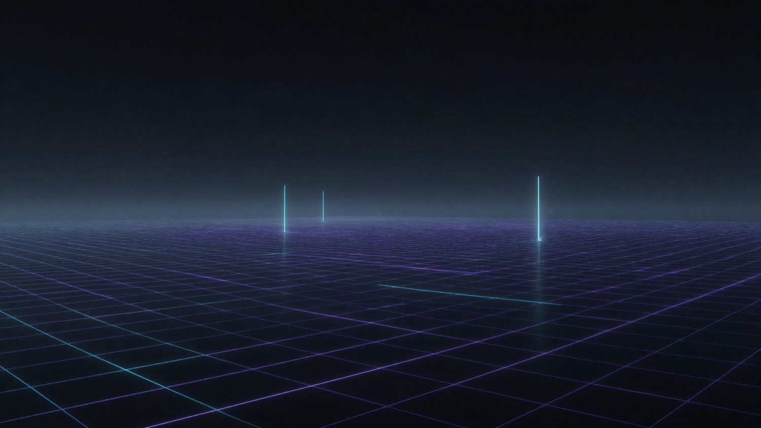Abstract grid of glowing violet and cyan lines receding into darkness