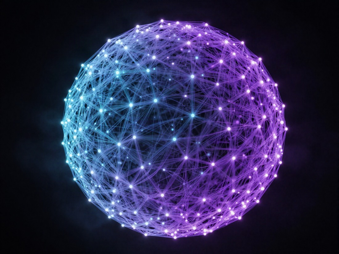 A sphere of glowing neural filaments in violet and cyan against a dark background