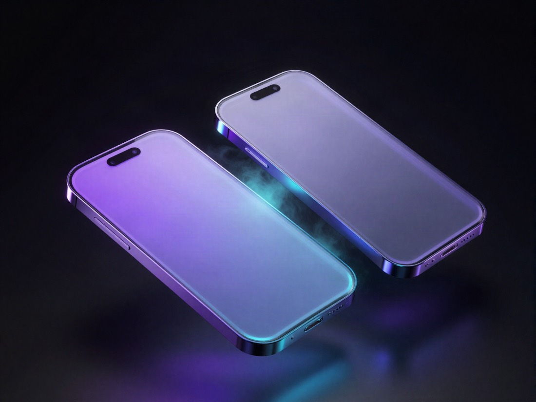Two frosted-glass phone forms floating in a dark space, edge-lit in violet and cyan