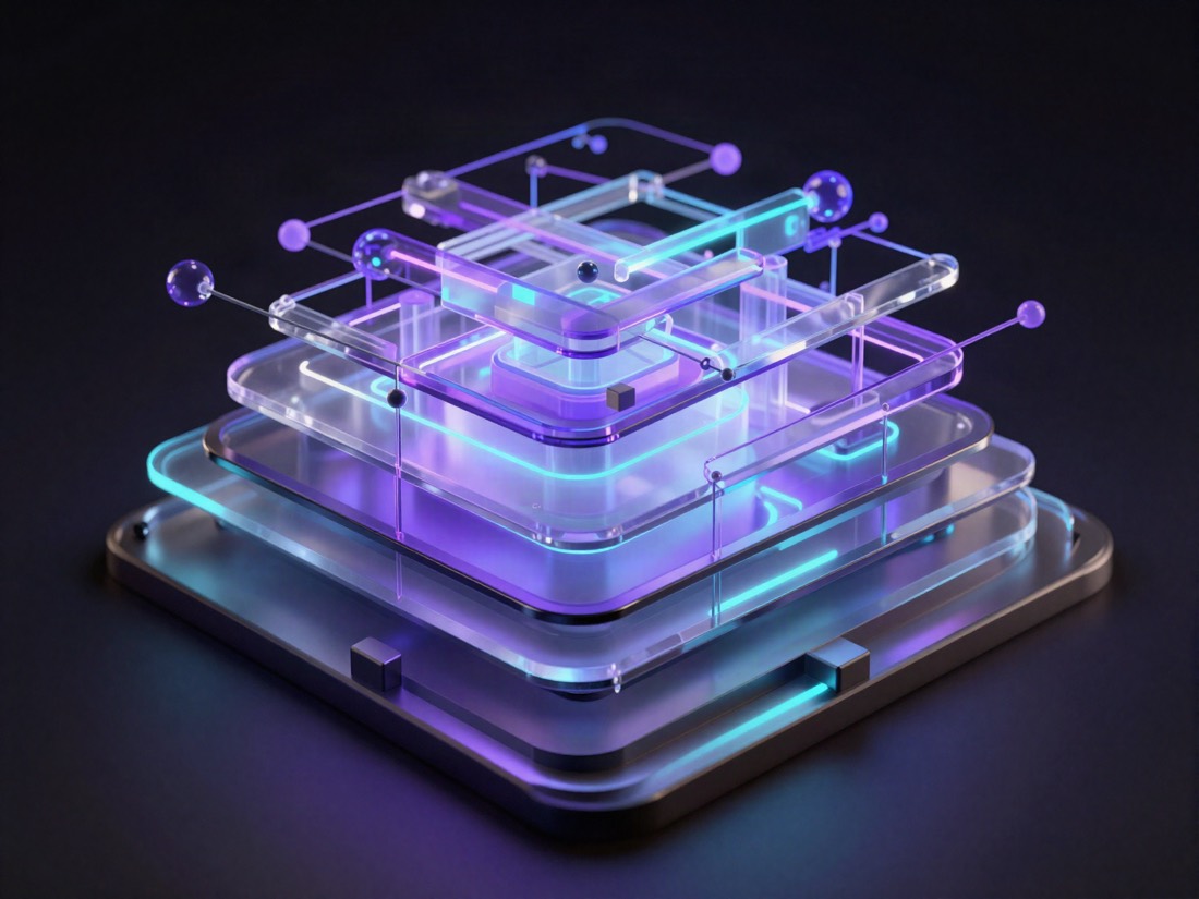 Abstract visualization of a layered software architecture rendered in violet and cyan light